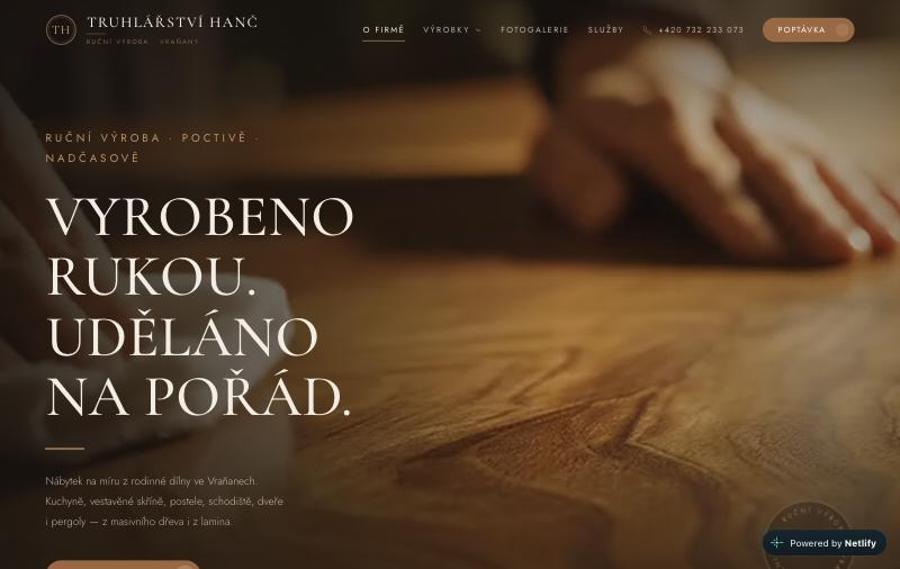 Jednostránkový web pro Truhlářství Hanč – realizace Růst Studio